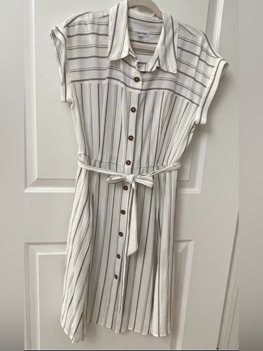 Calvin Klein White Striped Button-Front Midi Dress